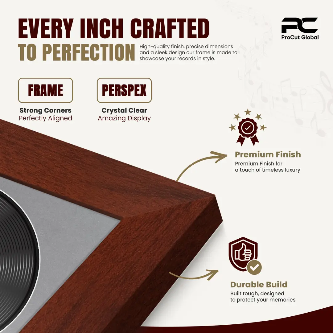 30x17" Modern Rose Wood Vinyl Record Frame With Mid Grey Mount | Side by Side 12" LP Cover & Disc Display thumbnail 7