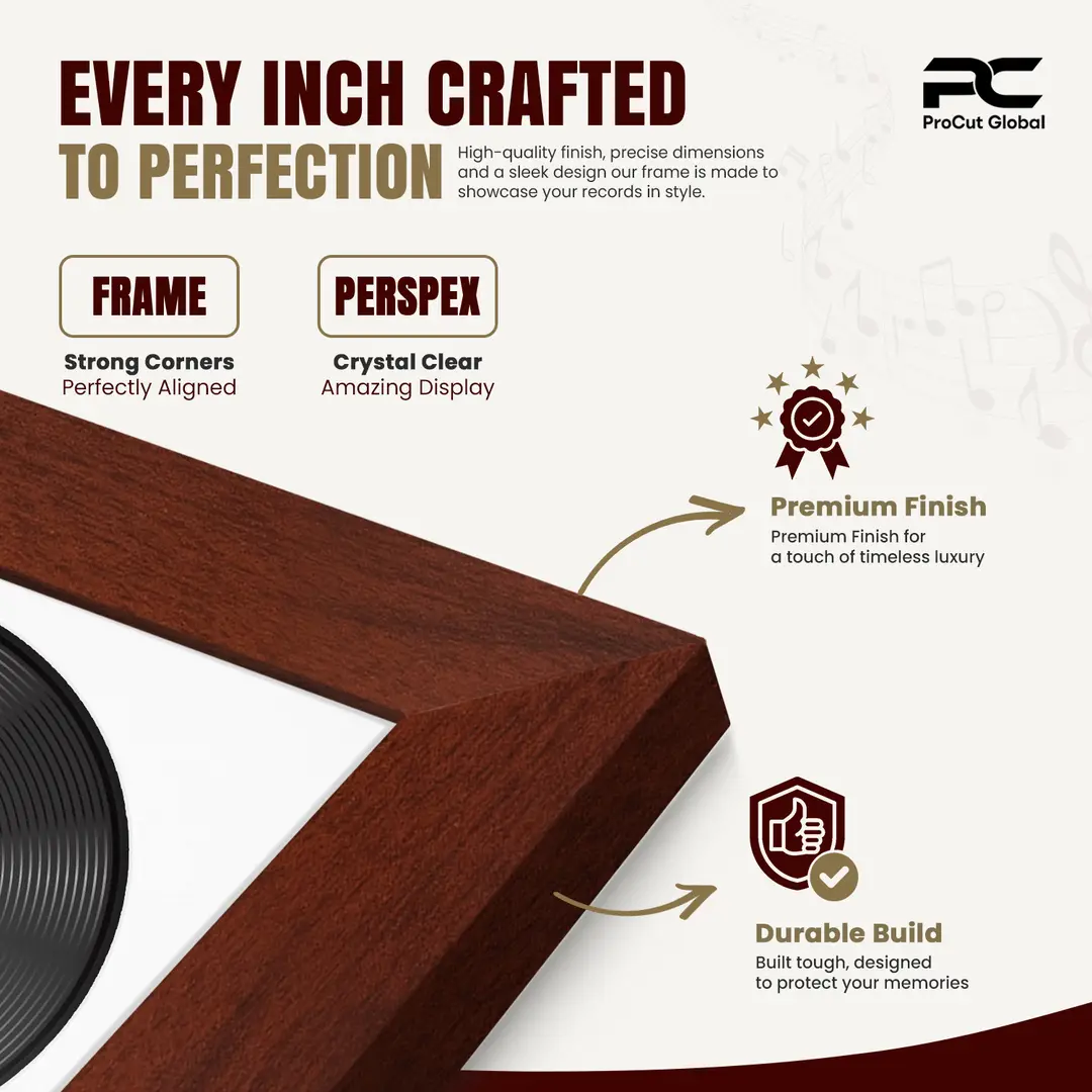 30x17" Modern Rose Wood Vinyl Record Frame With Ice White Mount | For 12" LP Cover and Disc Side By Side Display thumbnail 7