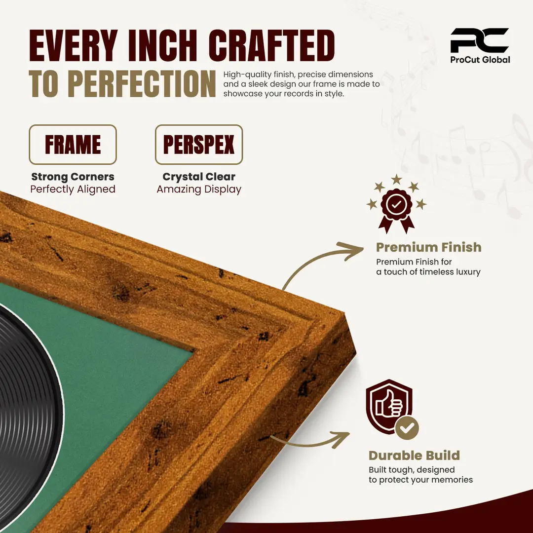 30x17" Modern Rustic Oak Vinyl Record Frame With Emerald (Green) Mount | Displays 12" LP Cover & Disc Side by Side thumbnail 7