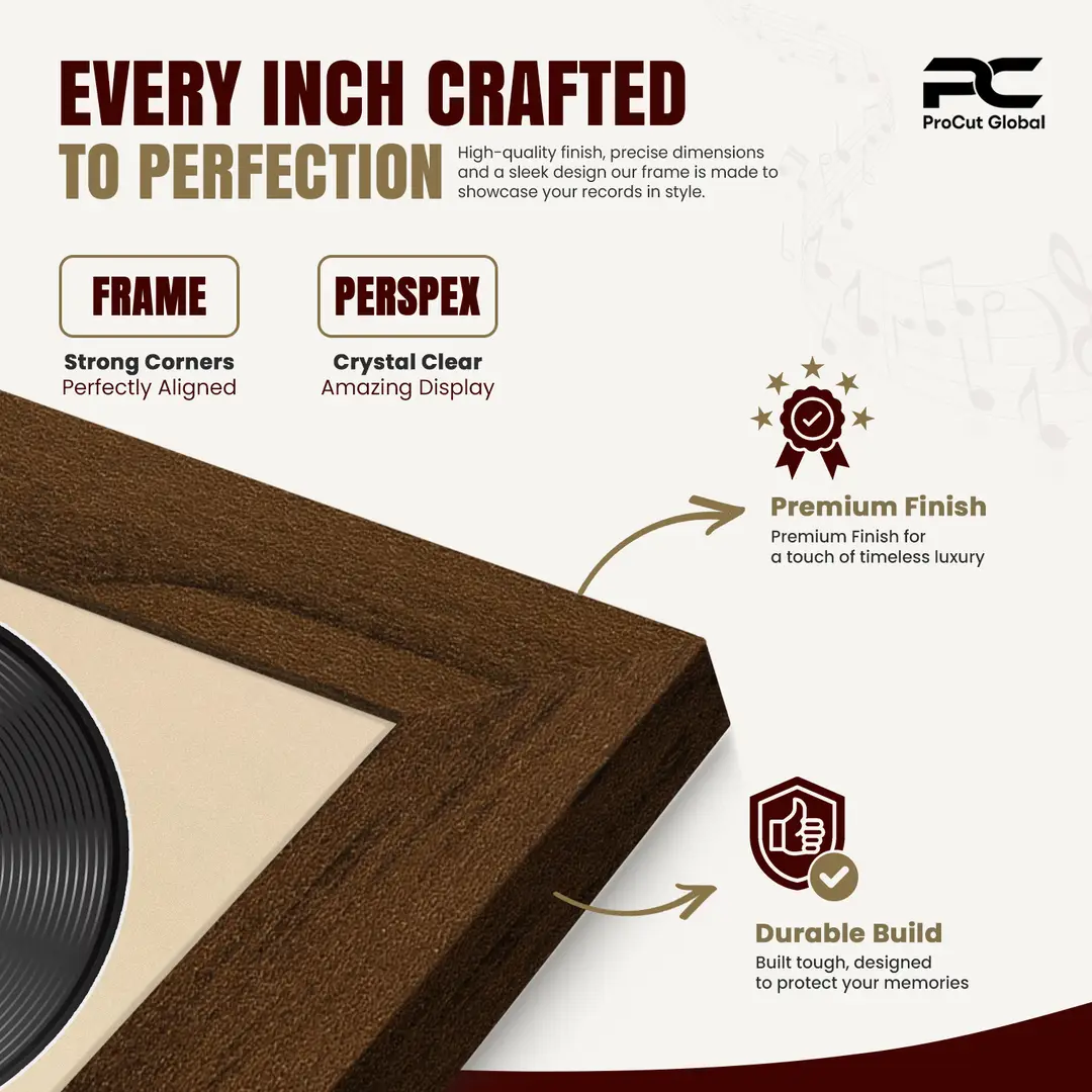 30x17" Modern Walnut Vinyl Record Frame With Ivory Mount | Displays 12" LP Cover & Disc Side by Side thumbnail 7
