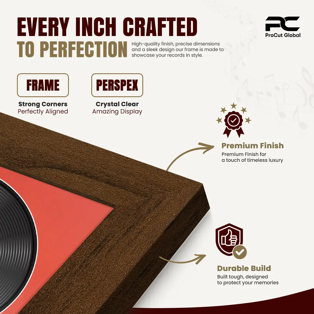 30x17" Modern Walnut Vinyl Record Frame With Poppy Red Mount | For 12" LP Cover and Disc Side By Side Display thumbnail 7