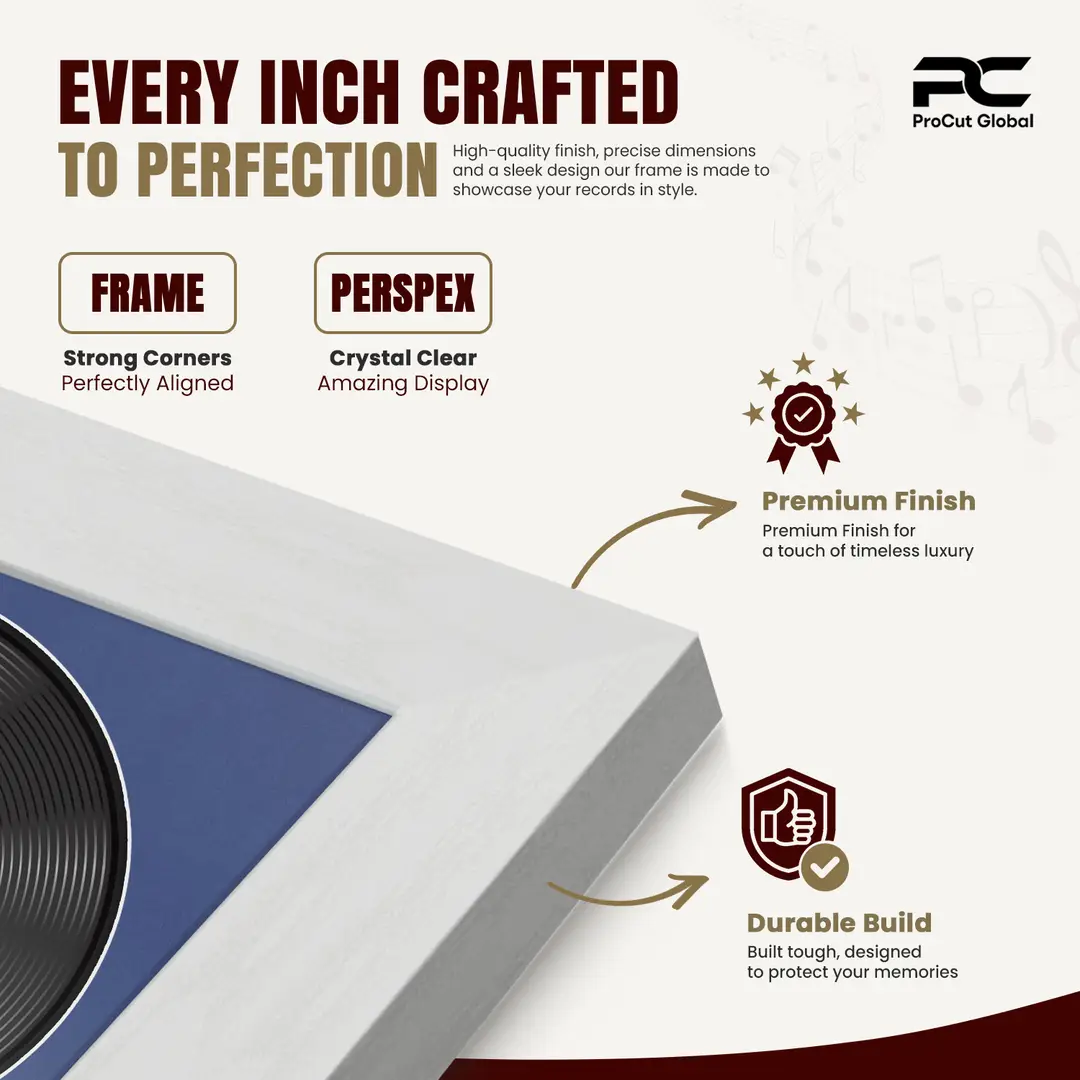 30x17" Modern Ash White Vinyl Record Frame With Blue Mount | Side by Side 12" LP Cover & Disc Display thumbnail 7