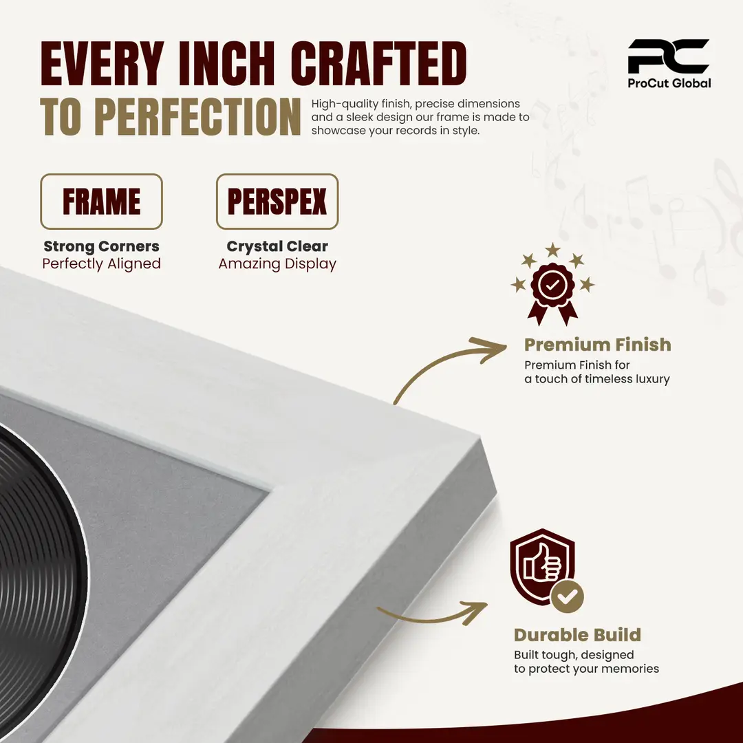 30x17" Modern Ash White Vinyl Record Frame With Mid Grey Mount | Displays 12" LP Cover & Disc Side by Side thumbnail 7