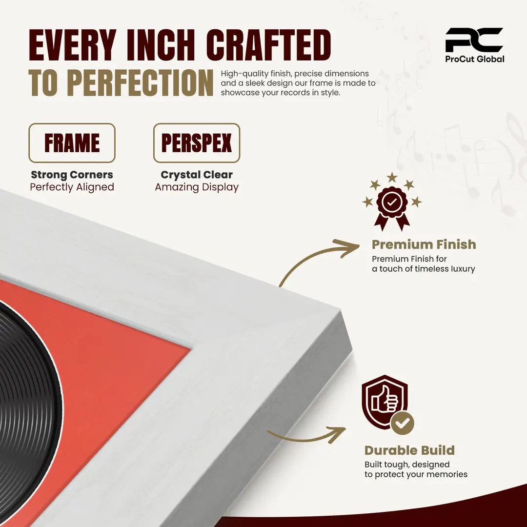 30x17" Modern Ash White Vinyl Record Frame With Poppy Red Mount | For 12" LP Cover and Disc Side By Side Display thumbnail 7