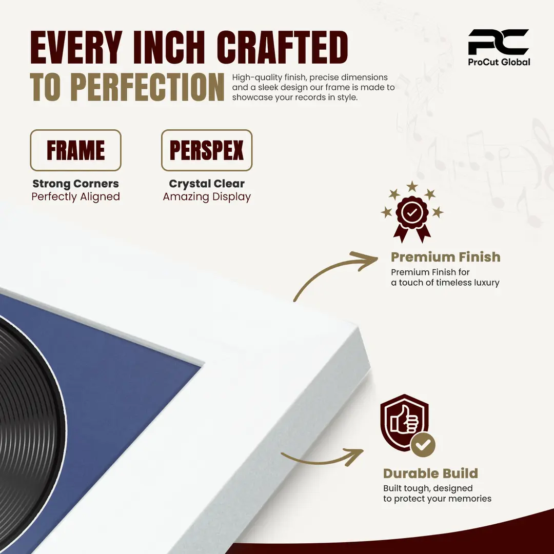 30x17" Modern White Vinyl Record Frame With Blue Mount | Side by Side 12" LP Cover & Disc Display thumbnail 7