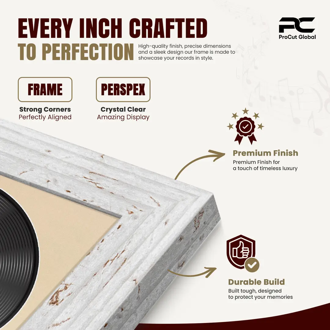 30x17" Modern White Rustic Vinyl Record Frame With Ivory Mount | For 12" LP Cover and Disc Side By Side Display thumbnail 7