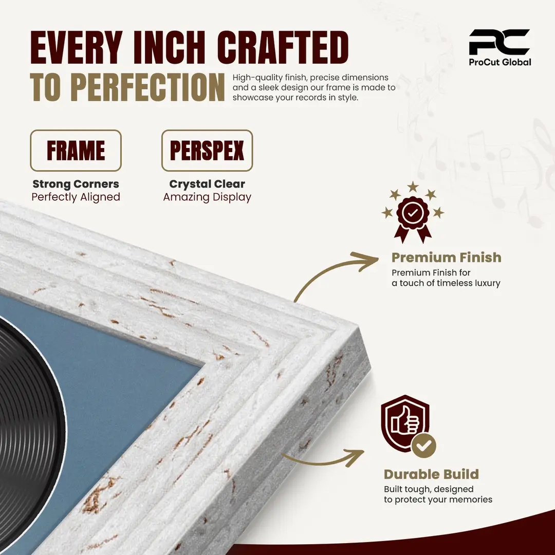 30x17" Modern White Rustic Vinyl Record Frame With Pompador Mount | For 12" LP Cover and Disc Side By Side Display thumbnail 7