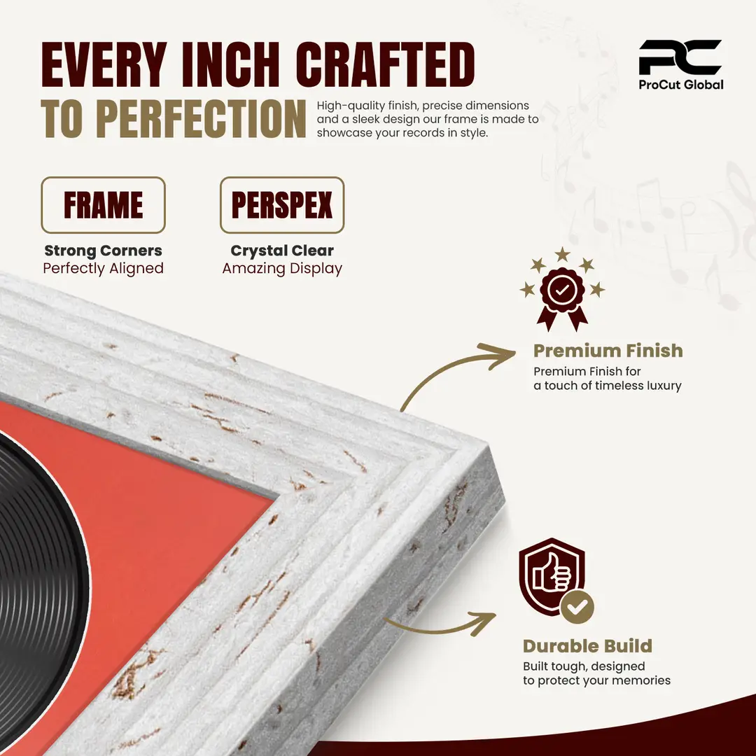30x17" Modern White Rustic Vinyl Record Frame With Poppy Red Mount | For 12" LP Cover and Disc Side By Side Display thumbnail 7