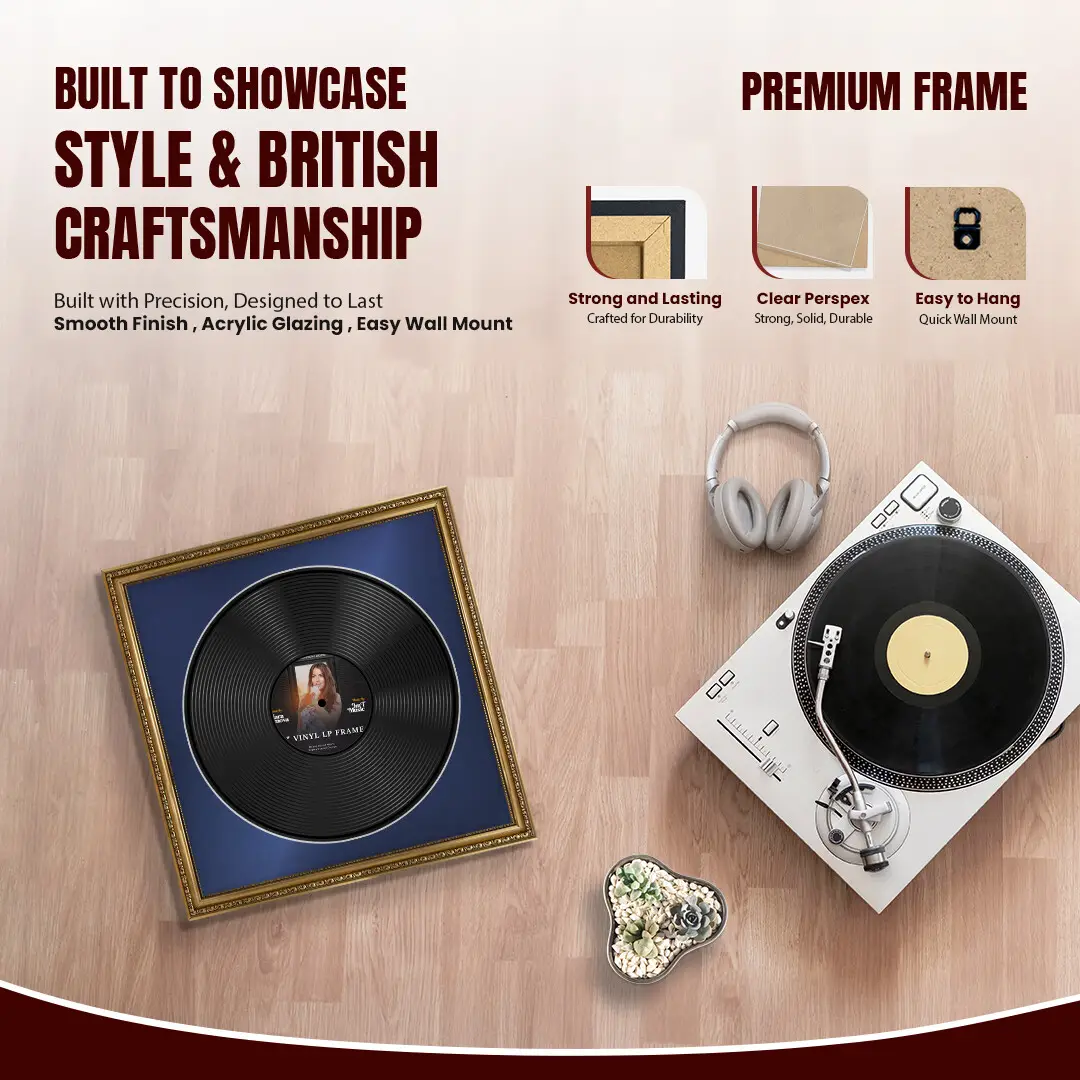 16x16" Gold Ornate Vinyl Record Frame With Blue Mount For 12" LP Discs | Show Your Love For Music In Vintage Style thumbnail 2