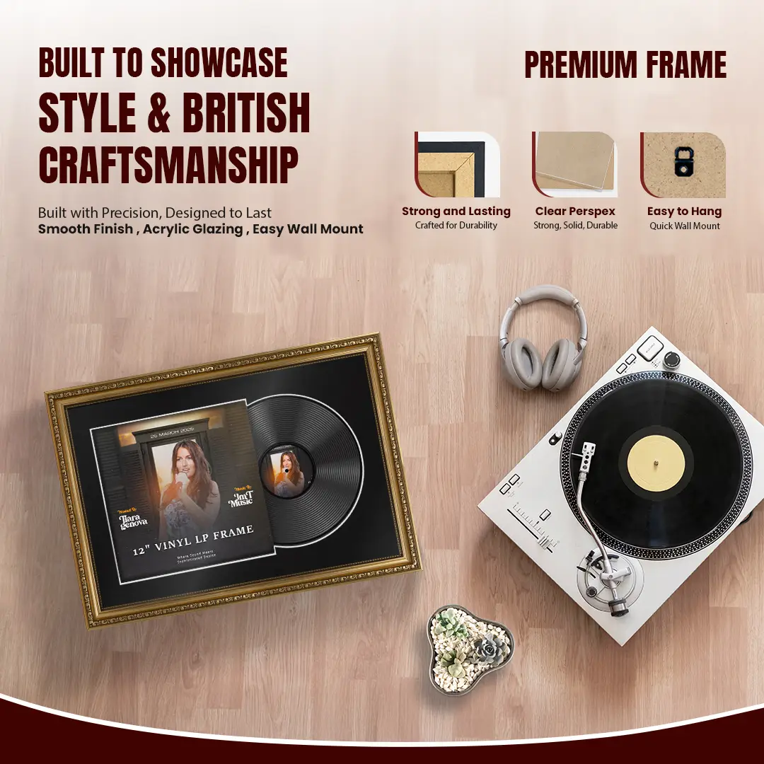 25x17" Gold Ornate Vintage Vinyl Record Frame (Overlapped) For 12 Inch LP Cover & Disc With Black Mount | Premium Music Art Display thumbnail 2