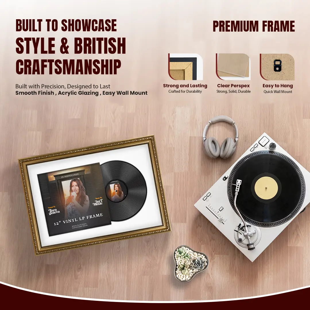 25x17" Gold Ornate Vintage Vinyl Record Frame (Overlapped) For 12 Inch LP Cover & Disc With Ice White Mount | Premium Music Art Display thumbnail 2