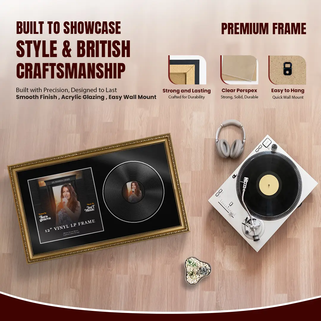 30x17" Gold Ornate Vinyl Record Frame With Black Mount | Side By Side Vintage LP Cover and Disc Display thumbnail 2