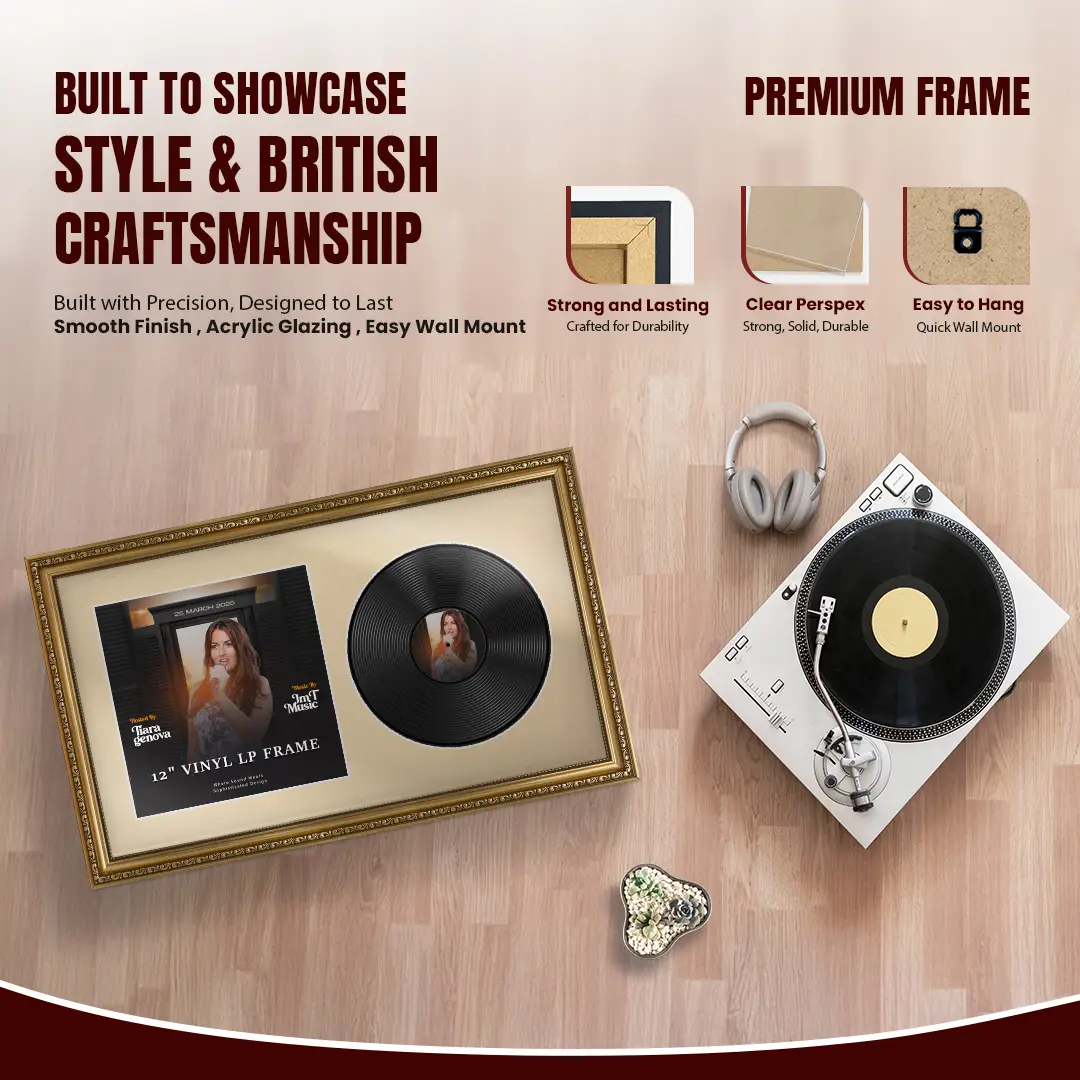 30x17" Gold Ornate Vinyl Record Frame With Ivory Mount | Side By Side Vintage LP Cover and Disc Display thumbnail 2