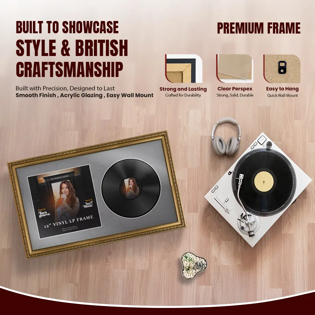 30x17" Gold Ornate Vinyl Record Frame With Mid Grey Mount | Side By Side Vintage LP Cover and Disc Display thumbnail 2