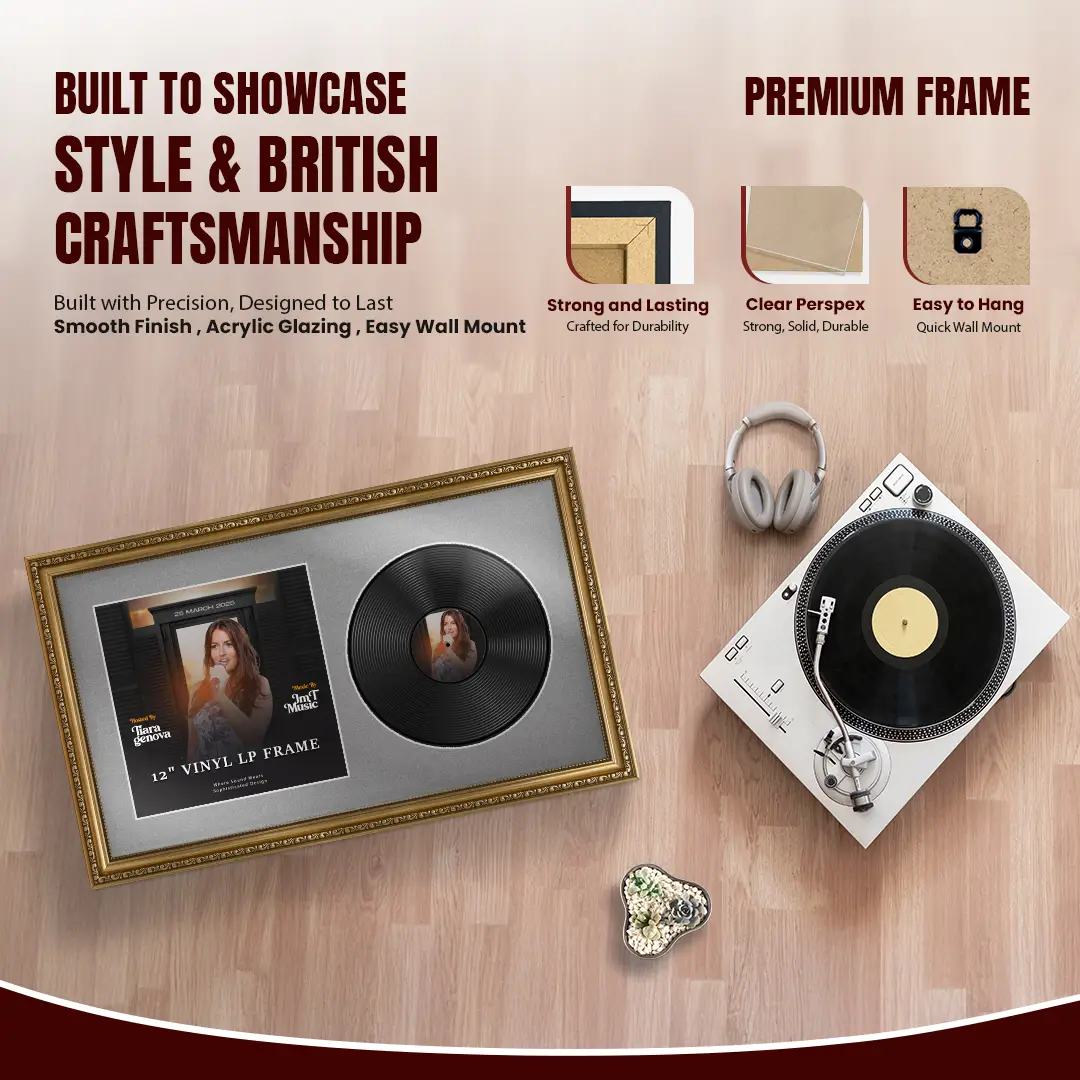 30x17" Gold Ornate Vinyl Record Frame With Silver Mount | Side By Side Vintage LP Cover and Disc Display thumbnail 2