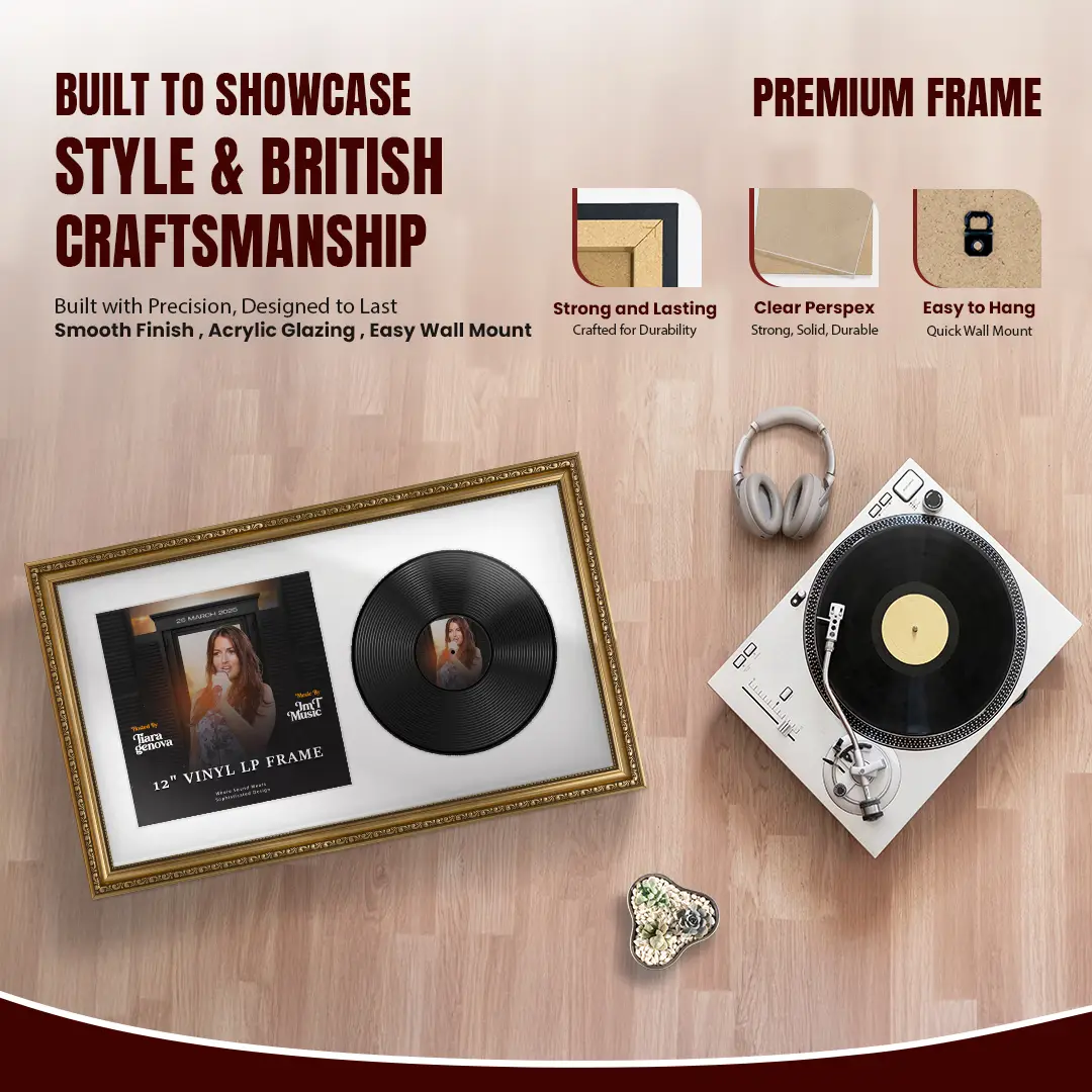 30x17" Gold Ornate Vinyl Record Frame With Ice White Mount | Side By Side Vintage LP Cover and Disc Display thumbnail 2