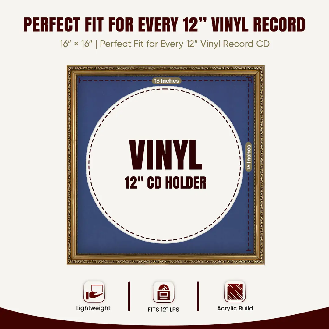 16x16" Gold Ornate Vinyl Record Frame With Blue Mount For 12" LP Discs | Show Your Love For Music In Vintage Style thumbnail 3
