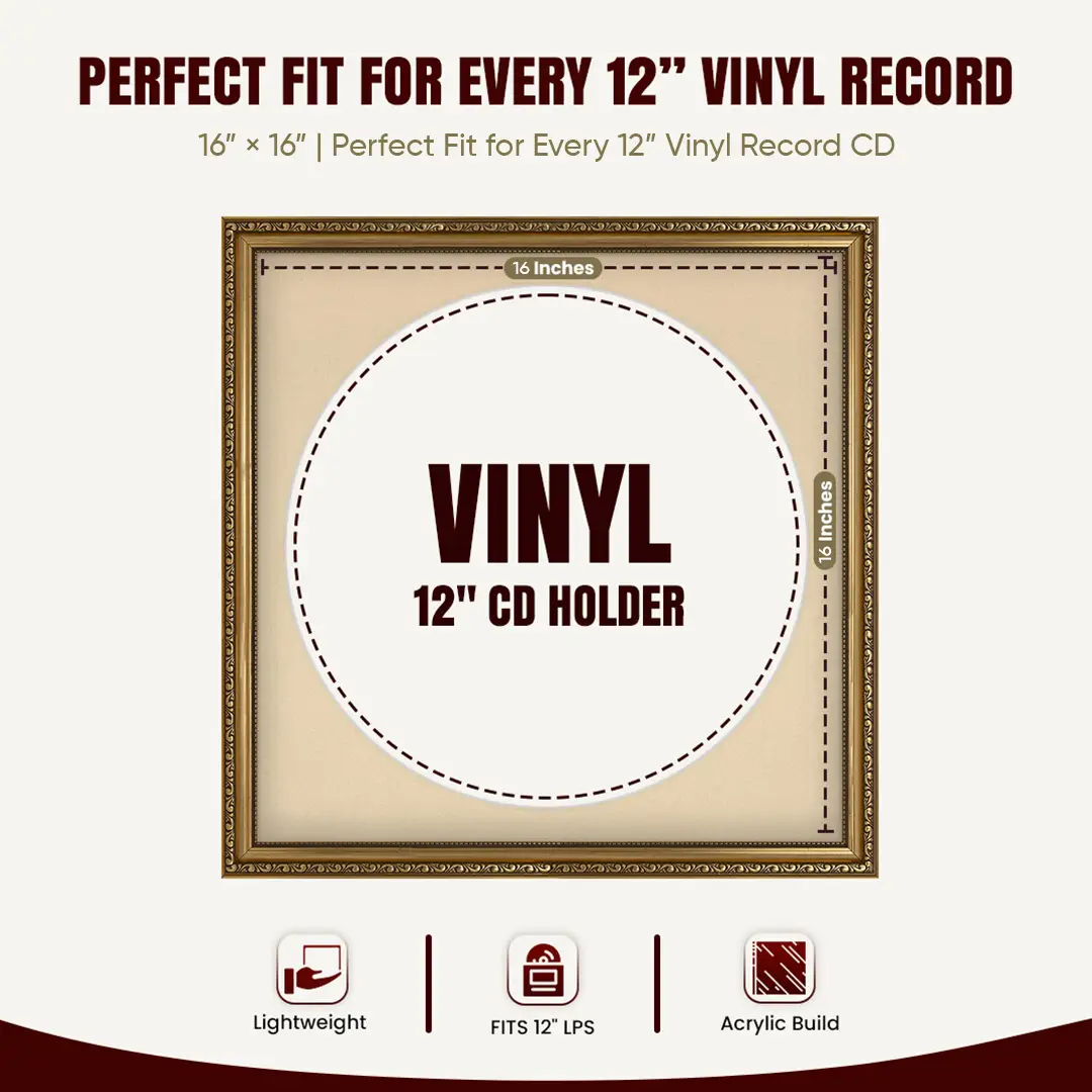 16x16" Gold Ornate Vinyl Record Frame With Ivory Mount For 12" LP Discs | Show Your Love For Music In Vintage Style thumbnail 3