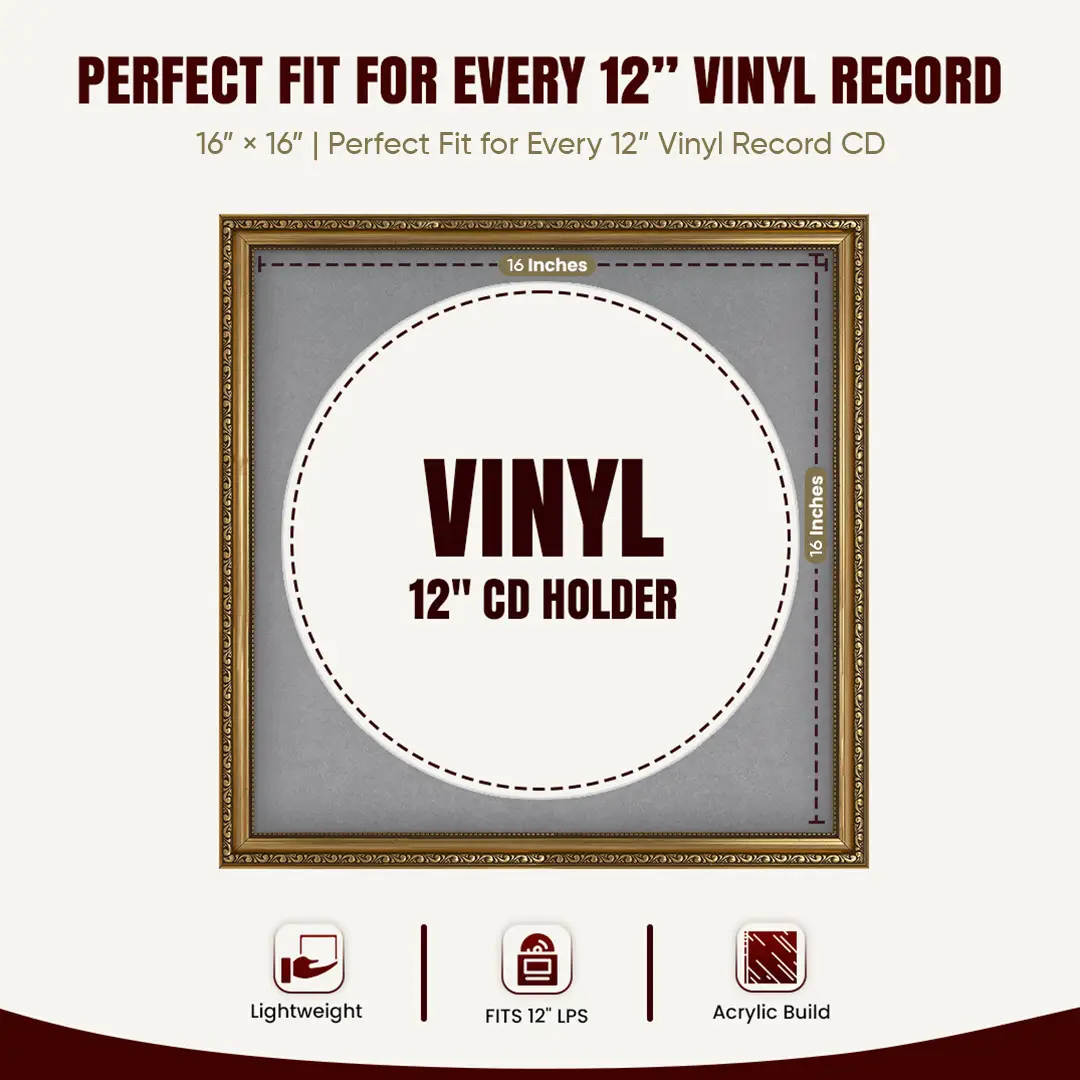 16x16" Gold Ornate Vinyl Record Frame With Mid Grey Mount For 12" LP Discs | Show Your Love For Music In Vintage Style thumbnail 3