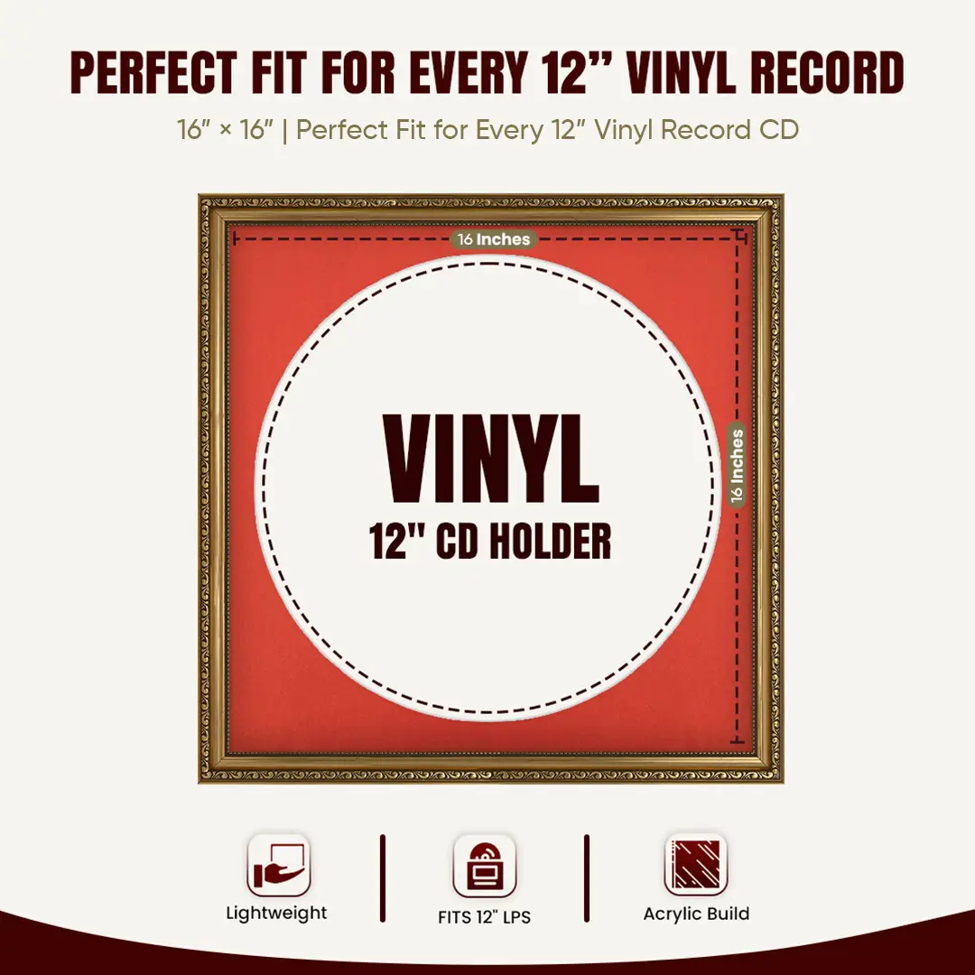 16x16" Gold Ornate Vinyl Record Frame With Poppy Red Mount For 12" LP Discs | Show Your Love For Music In Vintage Style thumbnail 3