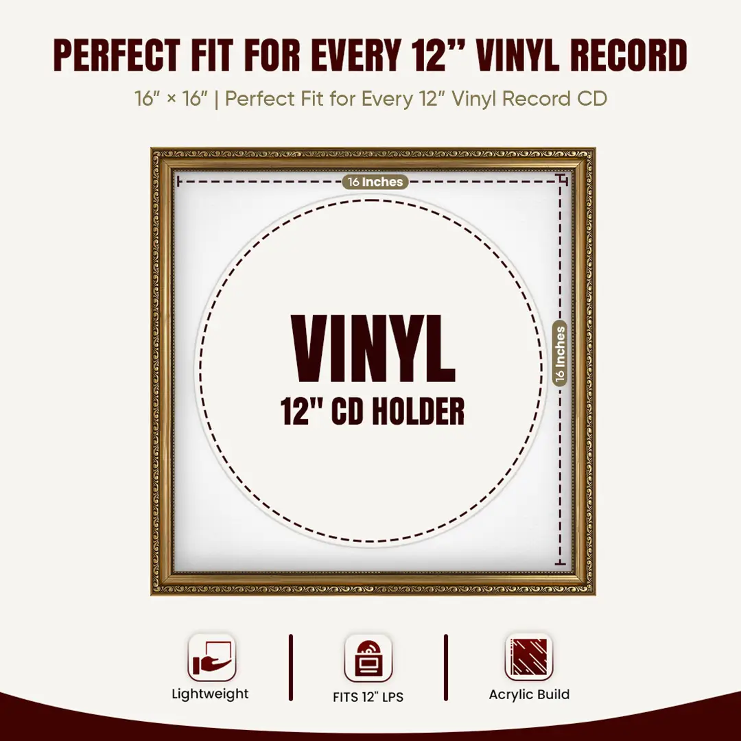 16x16" Gold Ornate Vinyl Record Frame With Ice White Mount For 12" LP Discs | Show Your Love For Music In Vintage Style thumbnail 3