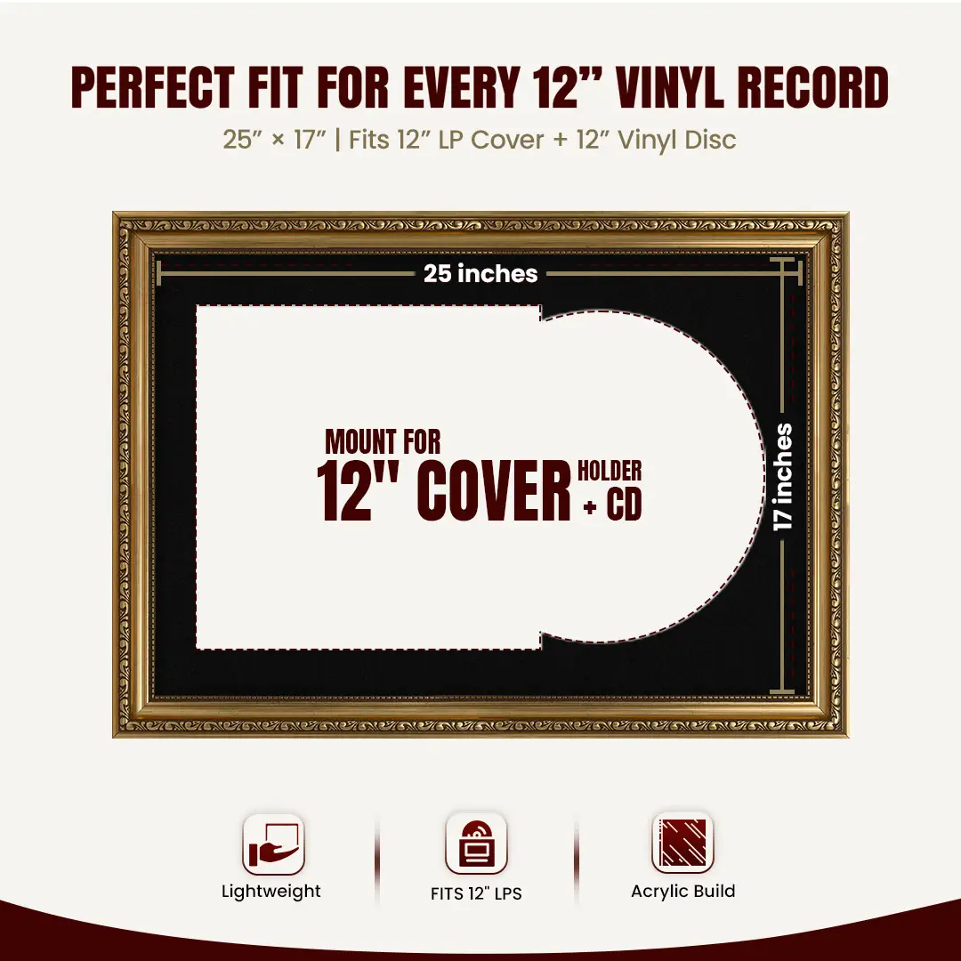 25x17" Gold Ornate Vintage Vinyl Record Frame (Overlapped) For 12 Inch LP Cover & Disc With Black Mount | Premium Music Art Display thumbnail 3