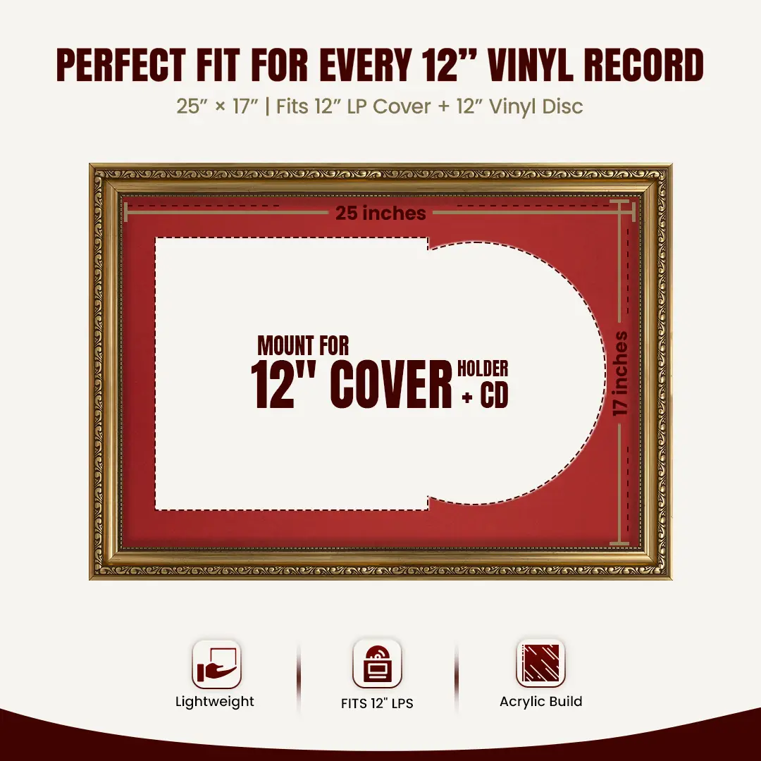 25x17" Gold Ornate Vintage Vinyl Record Frame (Overlapped) For 12 Inch LP Cover & Disc With Crimson Mount | Premium Music Art Display thumbnail 3