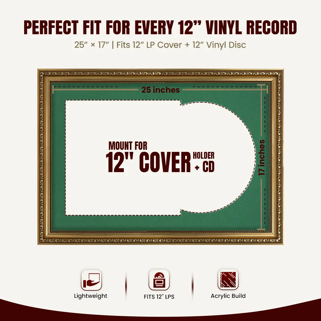 25x17" Gold Ornate Vintage Vinyl Record Frame (Overlapped) For 12 Inch LP Cover & Disc With Emerald (Green) Mount | Premium Music Art Display thumbnail 3