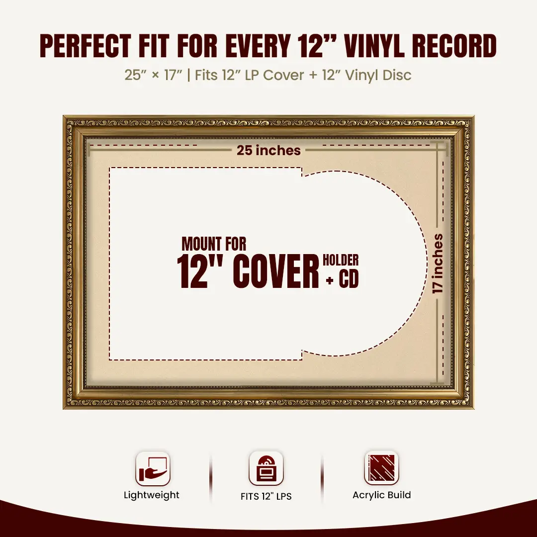 25x17" Gold Ornate Vintage Vinyl Record Frame (Overlapped) For 12 Inch LP Cover & Disc With Ivory Mount | Premium Music Art Display thumbnail 3