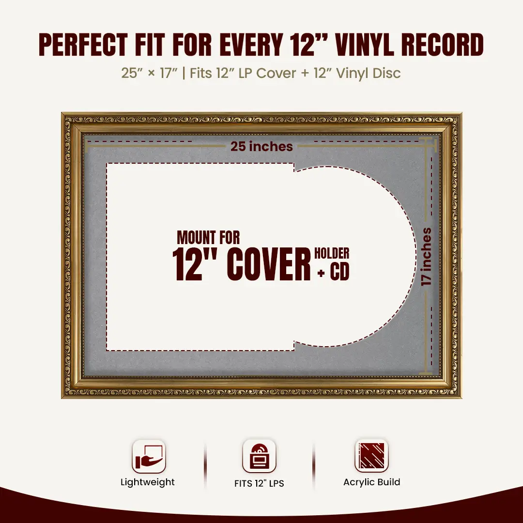 25x17" Gold Ornate Vintage Vinyl Record Frame (Overlapped) For 12 Inch LP Cover & Disc With Mid Grey Mount | Premium Music Art Display thumbnail 3