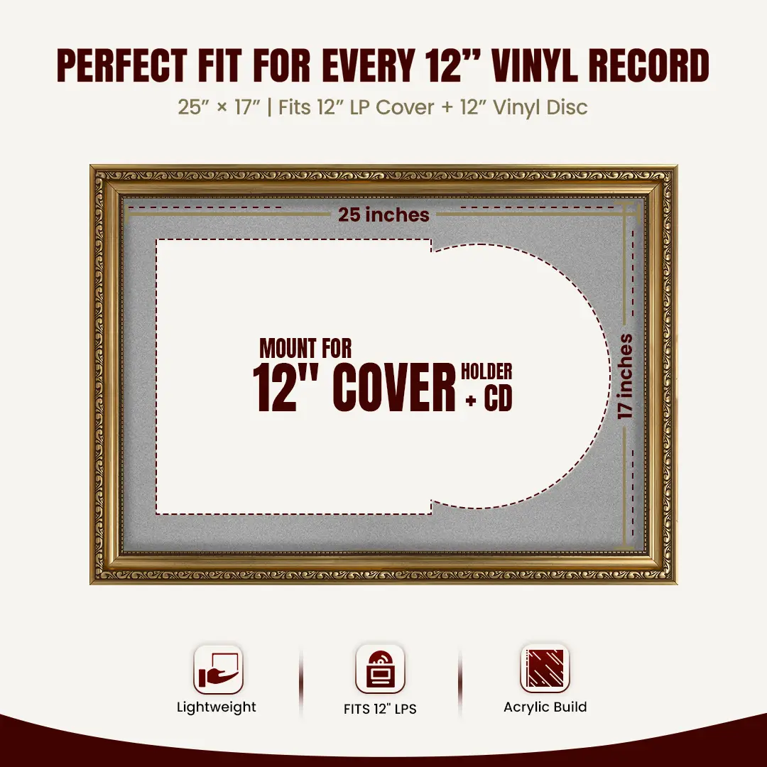 25x17" Gold Ornate Vintage Vinyl Record Frame (Overlapped) For 12 Inch LP Cover & Disc With Silver Mount | Premium Music Art Display thumbnail 3