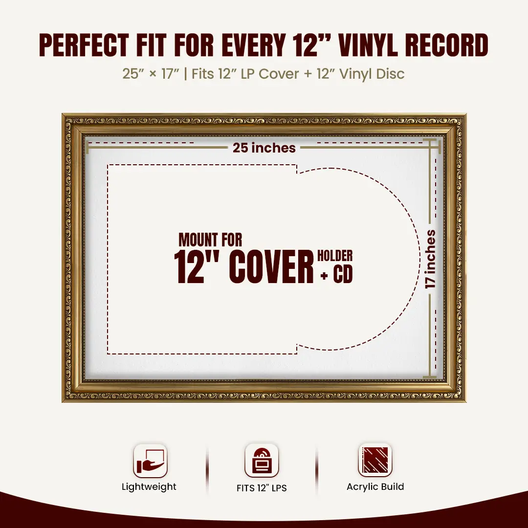 25x17" Gold Ornate Vintage Vinyl Record Frame (Overlapped) For 12 Inch LP Cover & Disc With Ice White Mount | Premium Music Art Display thumbnail 3