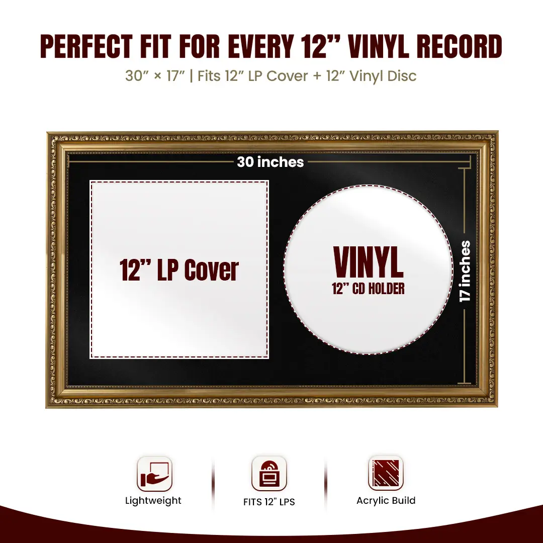 30x17" Gold Ornate Vinyl Record Frame With Black Mount | Side By Side Vintage LP Cover and Disc Display thumbnail 3
