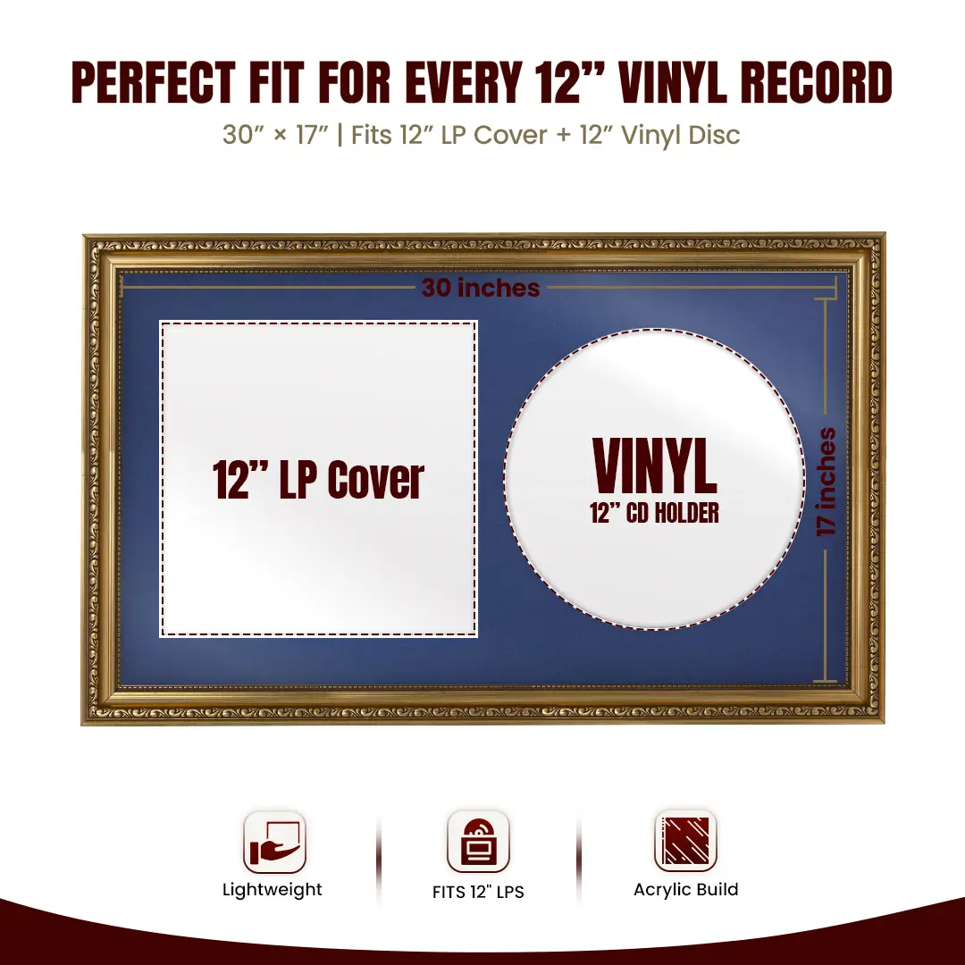 30x17" Gold Ornate Vinyl Record Frame With Blue Mount | Side By Side Vintage LP Cover and Disc Display thumbnail 3