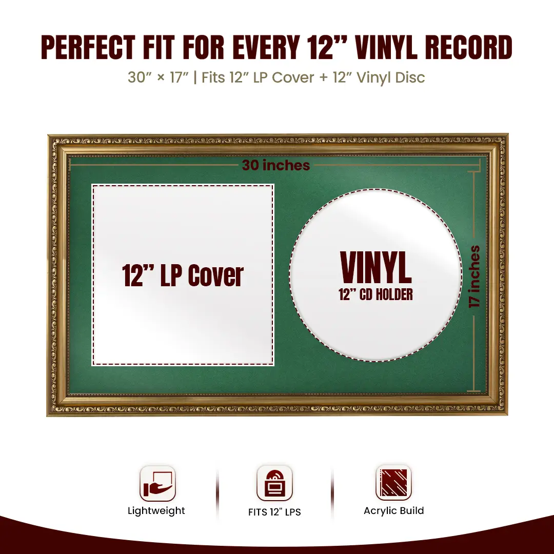 30x17" Gold Ornate Vinyl Record Frame With Emerald (Green) Mount | Side By Side Vintage LP Cover and Disc Display thumbnail 3