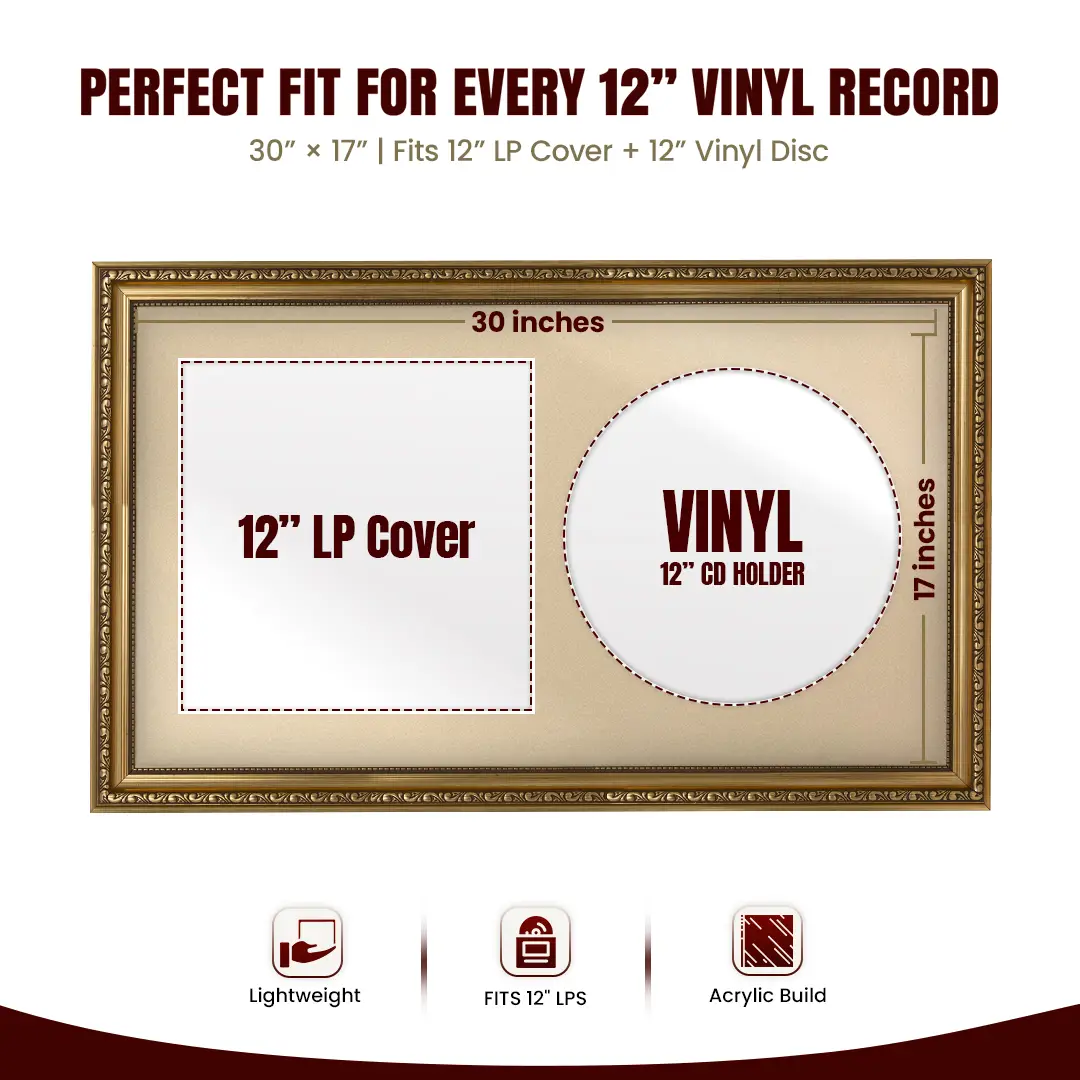 30x17" Gold Ornate Vinyl Record Frame With Ivory Mount | Side By Side Vintage LP Cover and Disc Display thumbnail 3