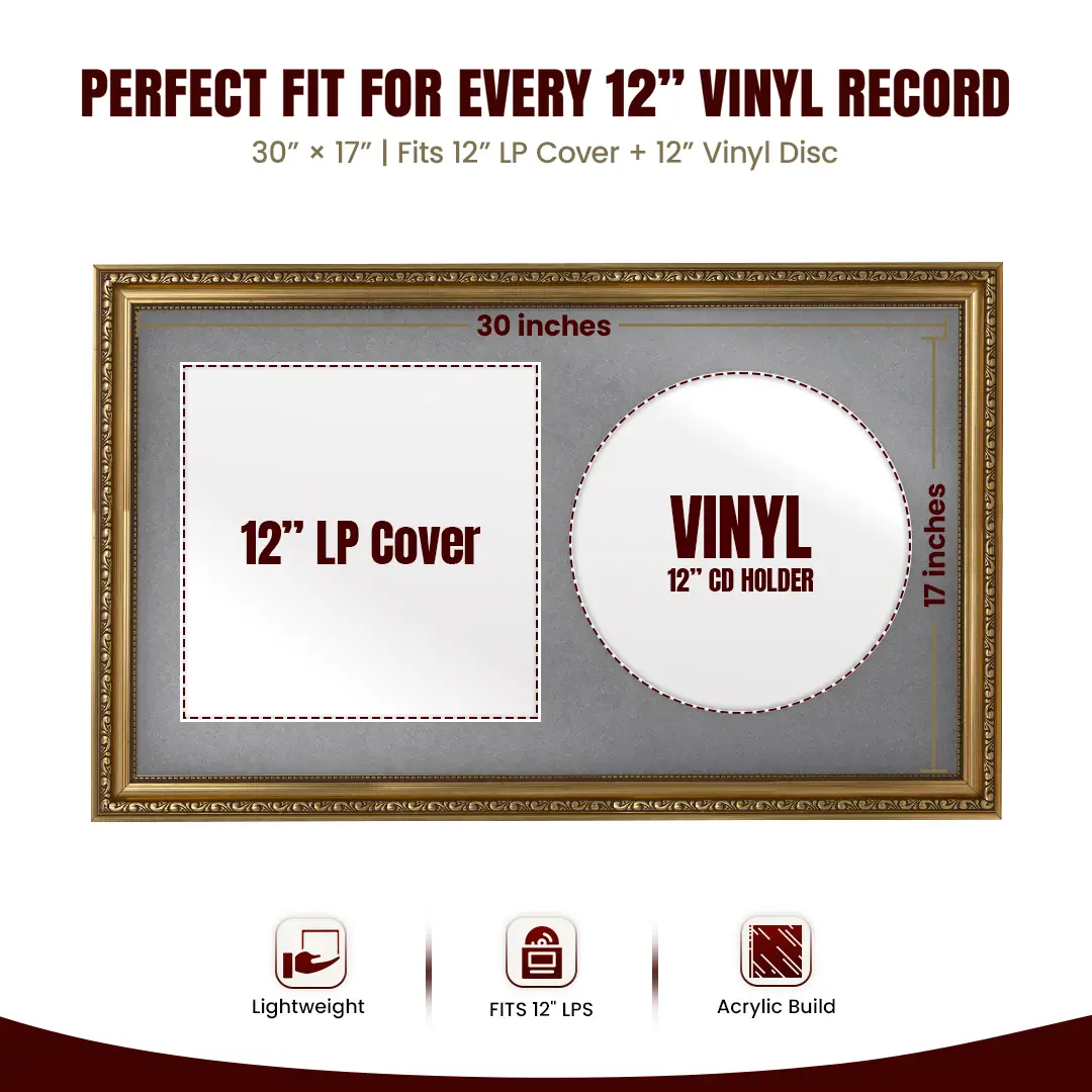 30x17" Gold Ornate Vinyl Record Frame With Mid Grey Mount | Side By Side Vintage LP Cover and Disc Display thumbnail 3