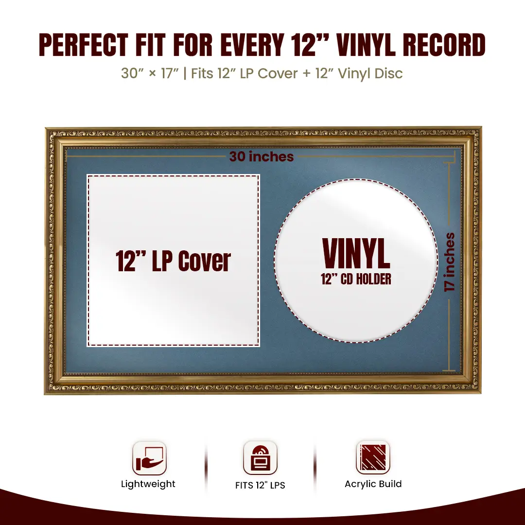 30x17" Gold Ornate Vinyl Record Frame With Pompador Mount | Side By Side Vintage LP Cover and Disc Display thumbnail 3