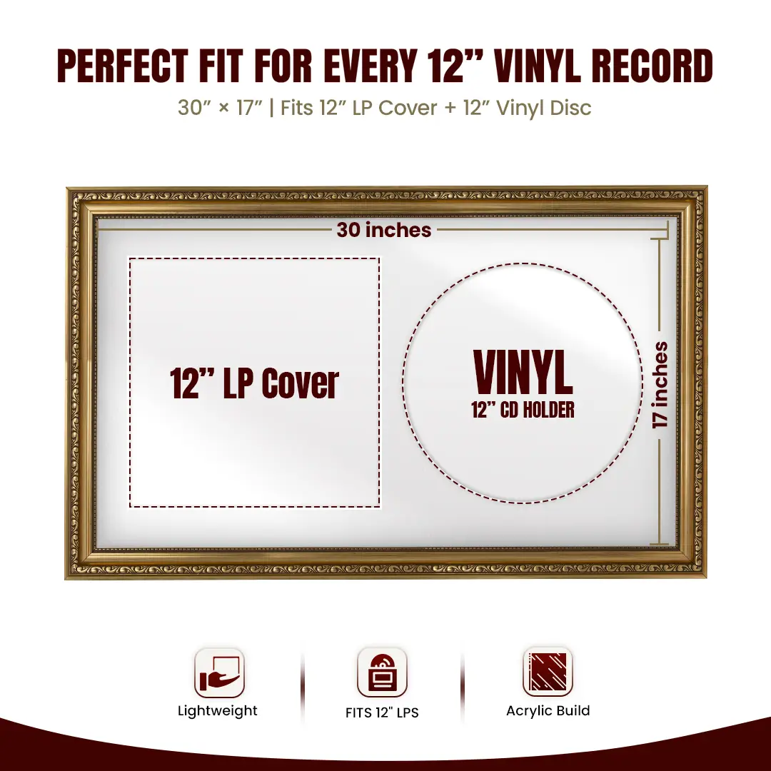 30x17" Gold Ornate Vinyl Record Frame With Ice White Mount | Side By Side Vintage LP Cover and Disc Display thumbnail 3