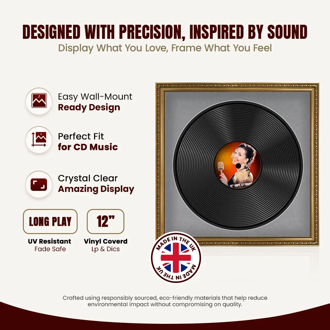 16x16" Gold Ornate Vinyl Record Frame With Mid Grey Mount For 12" LP Discs | Show Your Love For Music In Vintage Style thumbnail 8