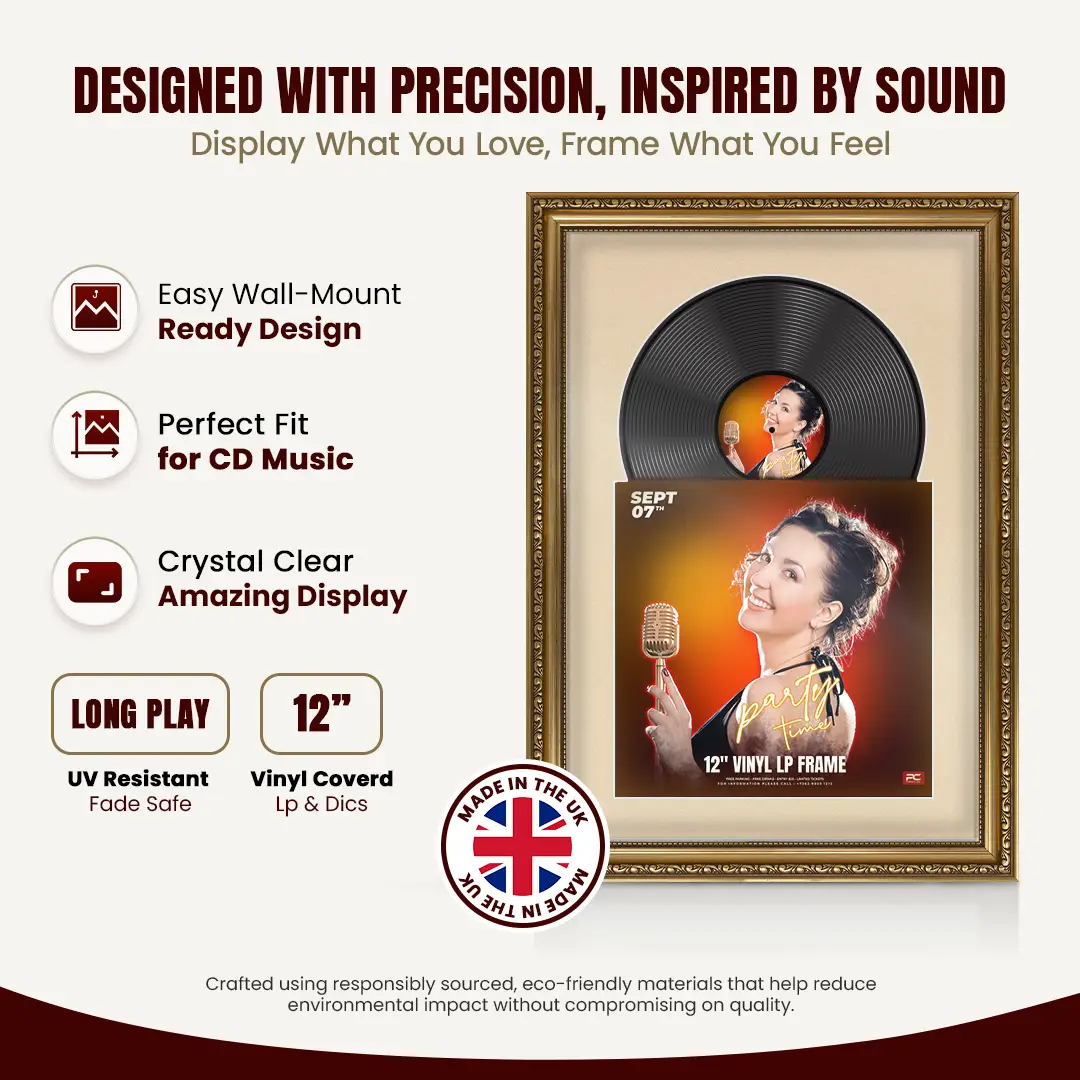 25x17" Gold Ornate Vintage Vinyl Record Frame (Overlapped) For 12 Inch LP Cover & Disc With Ivory Mount | Premium Music Art Display thumbnail 8