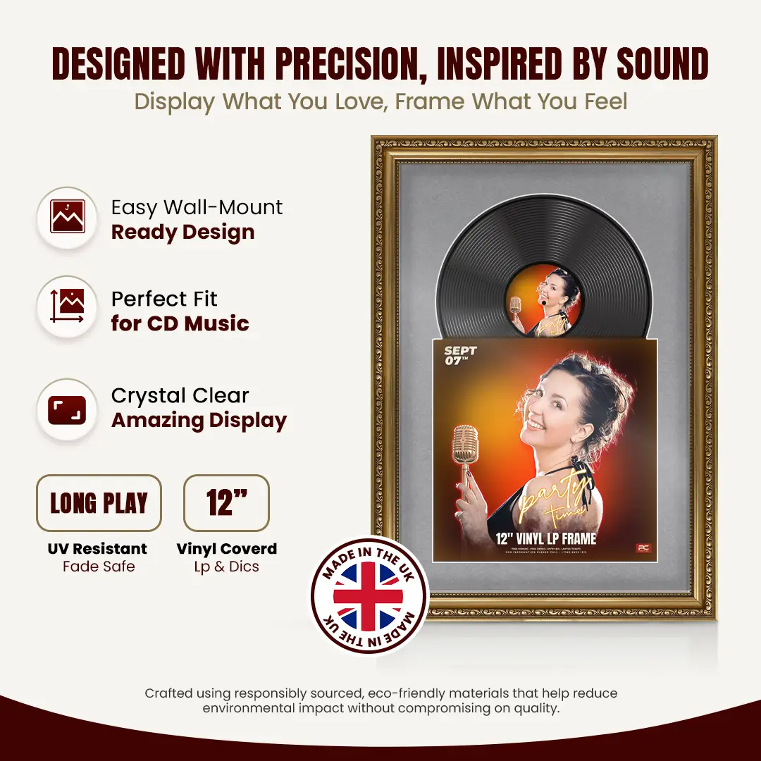 25x17" Gold Ornate Vintage Vinyl Record Frame (Overlapped) For 12 Inch LP Cover & Disc With Mid Grey Mount | Premium Music Art Display thumbnail 8