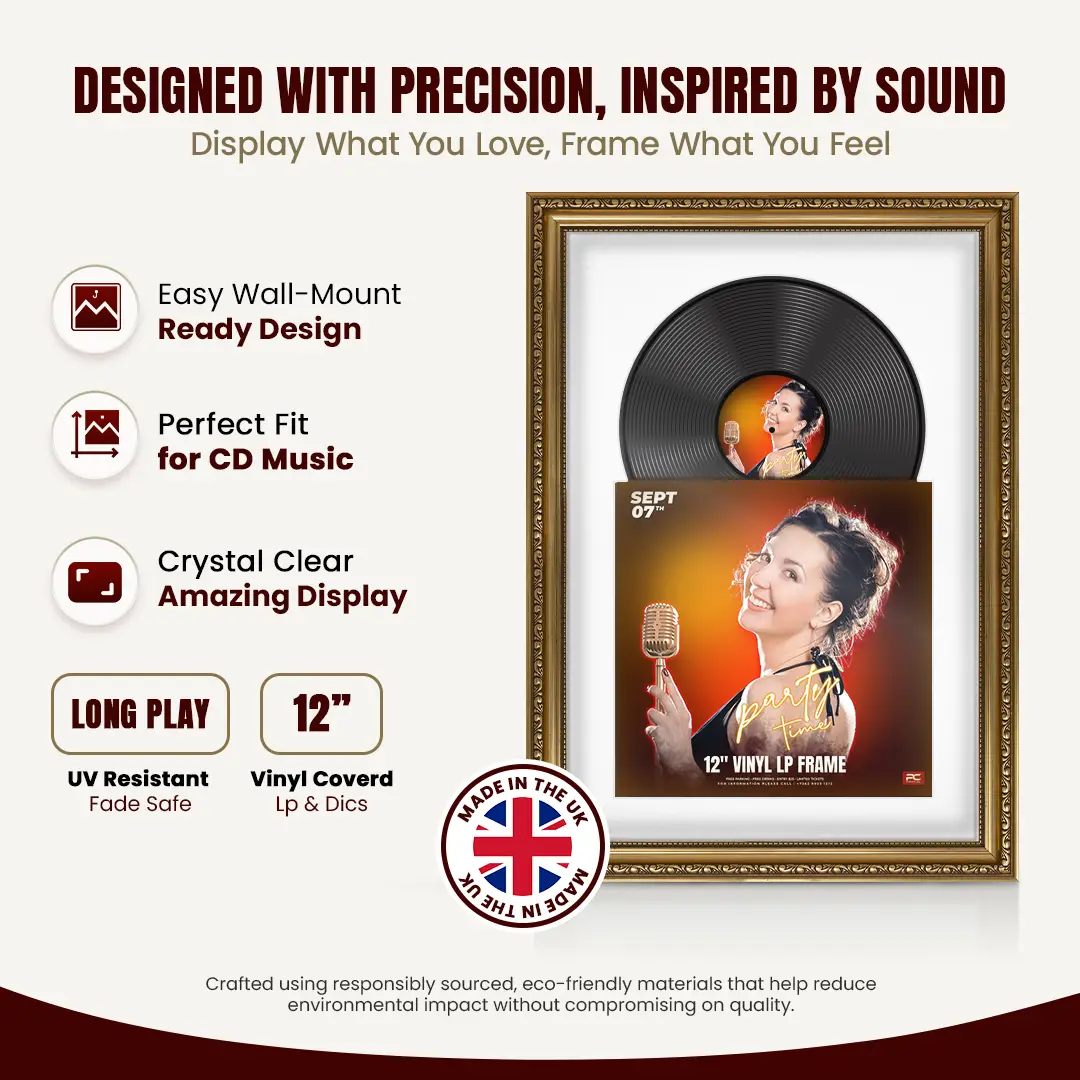 25x17" Gold Ornate Vintage Vinyl Record Frame (Overlapped) For 12 Inch LP Cover & Disc With Ice White Mount | Premium Music Art Display thumbnail 8