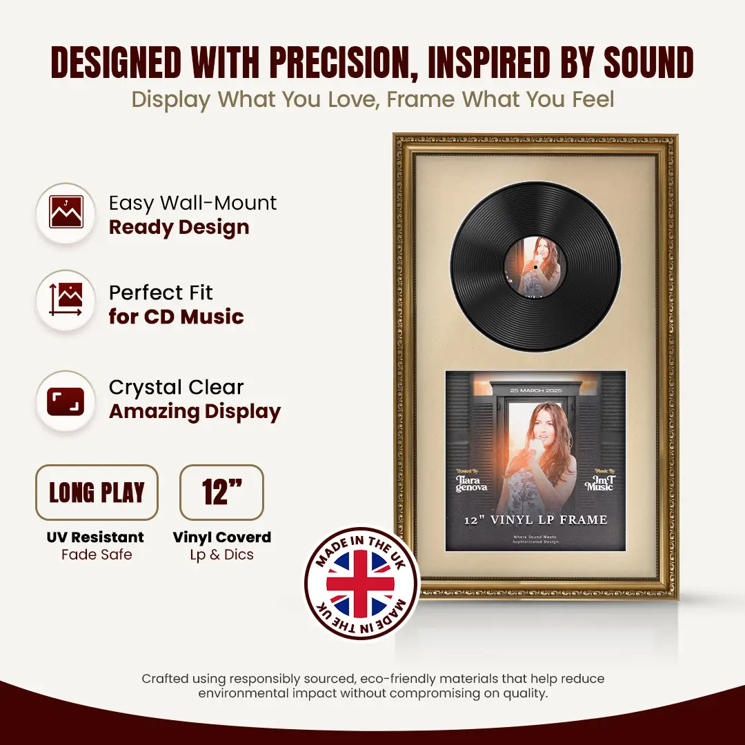 30x17" Gold Ornate Vinyl Record Frame With Ivory Mount | Side By Side Vintage LP Cover and Disc Display thumbnail 8