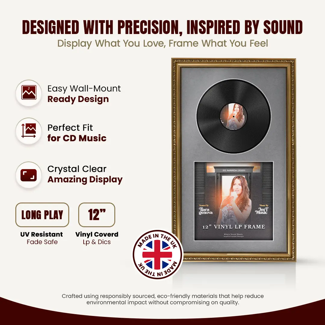 30x17" Gold Ornate Vinyl Record Frame With Mid Grey Mount | Side By Side Vintage LP Cover and Disc Display thumbnail 8