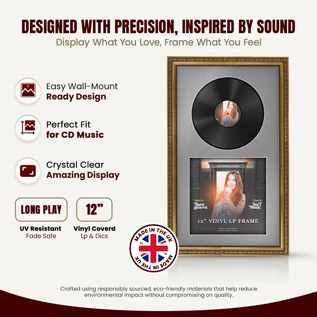 30x17" Gold Ornate Vinyl Record Frame With Silver Mount | Side By Side Vintage LP Cover and Disc Display thumbnail 8