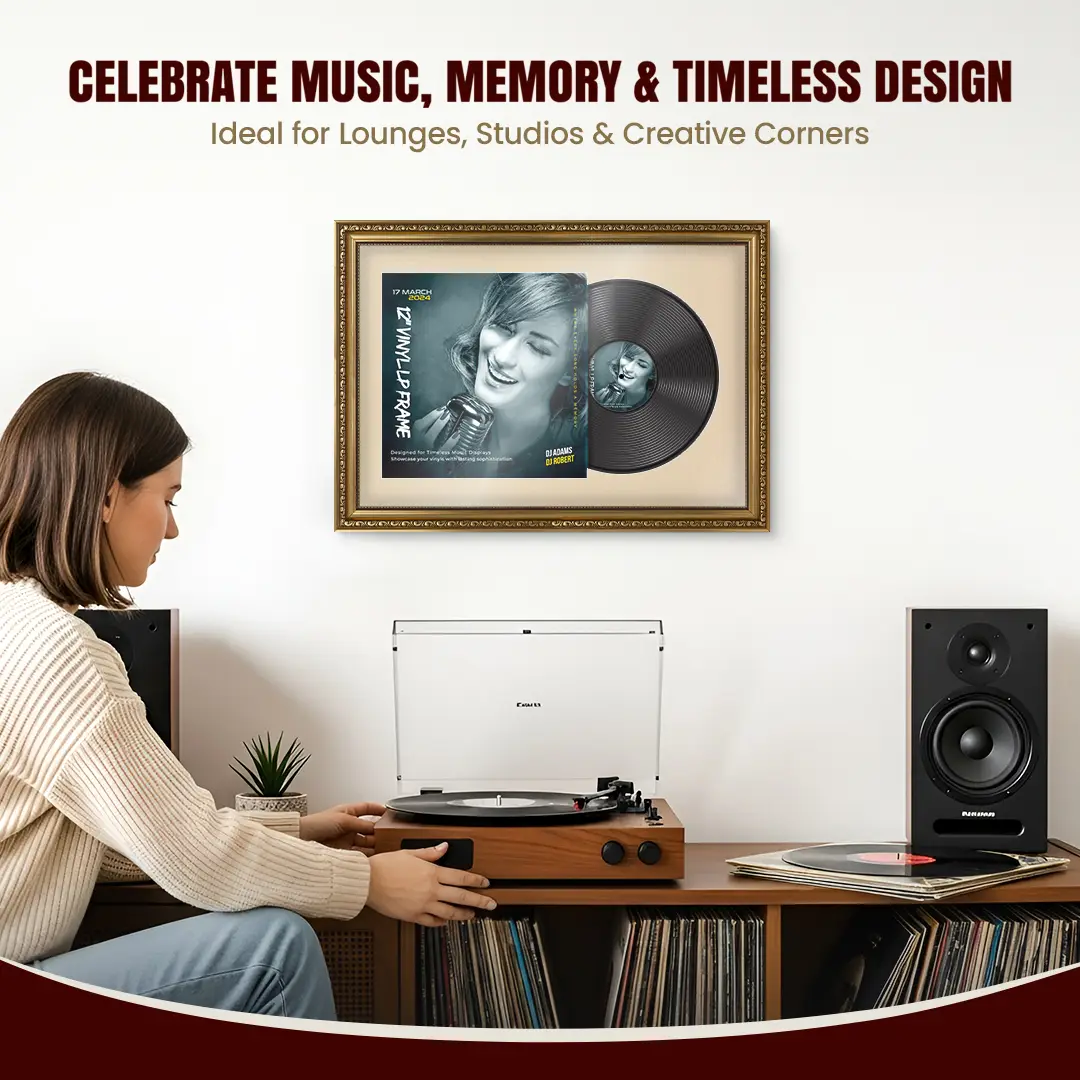 25x17" Gold Ornate Vintage Vinyl Record Frame (Overlapped) For 12 Inch LP Cover & Disc With Ivory Mount | Premium Music Art Display thumbnail 4