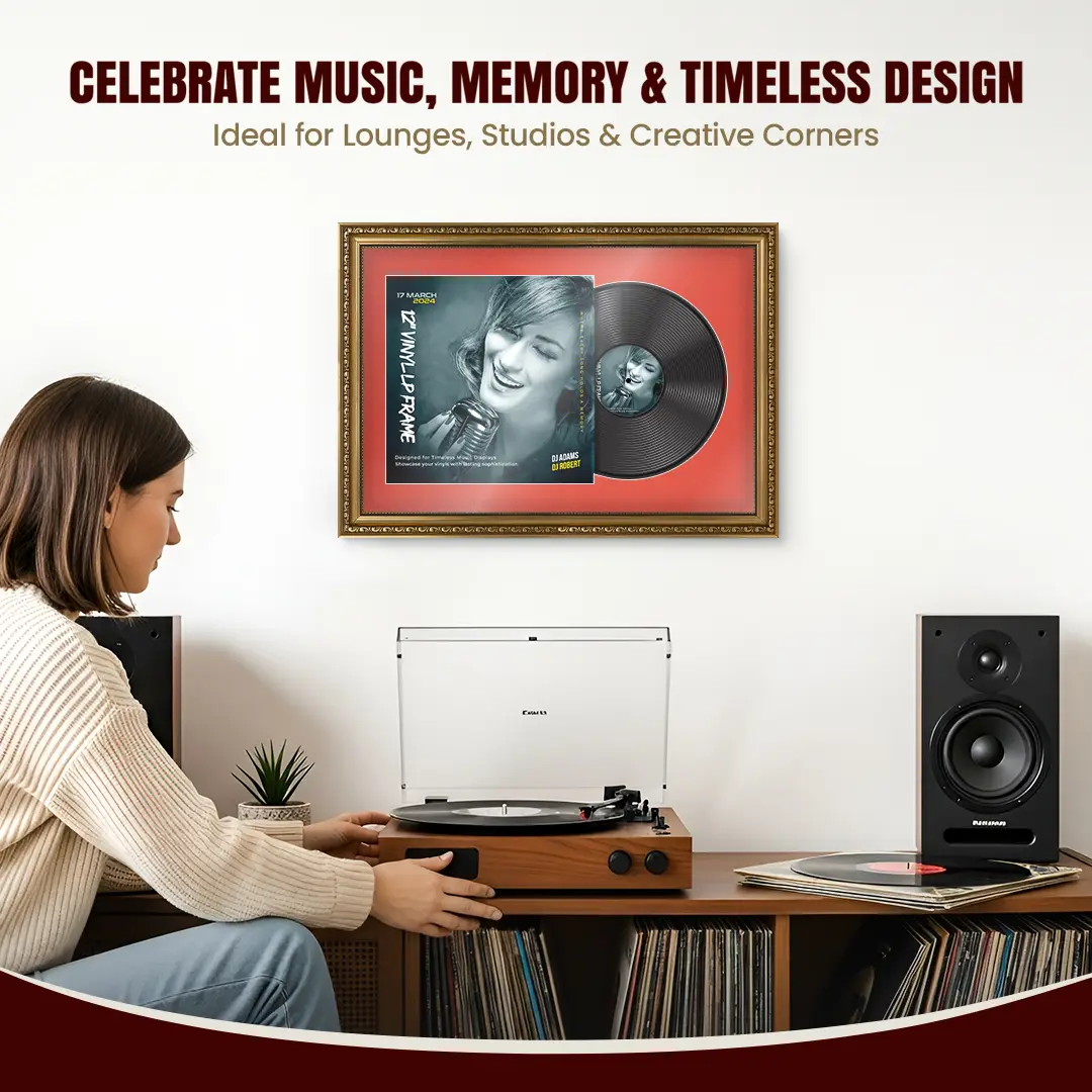 25x17" Gold Ornate Vintage Vinyl Record Frame (Overlapped) For 12 Inch LP Cover & Disc With Poppy Red Mount | Premium Music Art Display thumbnail 4