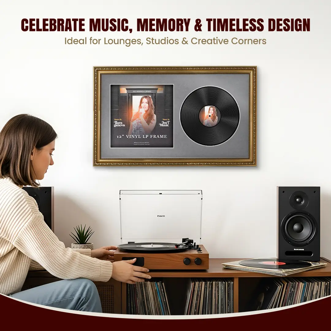 30x17" Gold Ornate Vinyl Record Frame With Mid Grey Mount | Side By Side Vintage LP Cover and Disc Display thumbnail 4