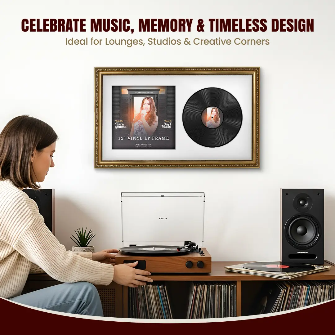 30x17" Gold Ornate Vinyl Record Frame With Ice White Mount | Side By Side Vintage LP Cover and Disc Display thumbnail 4